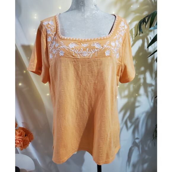 Talbots Embroidered Floral Square Neck Short Sleeve Top Size XL Slub Knit Cotton - Picture 1 of 11